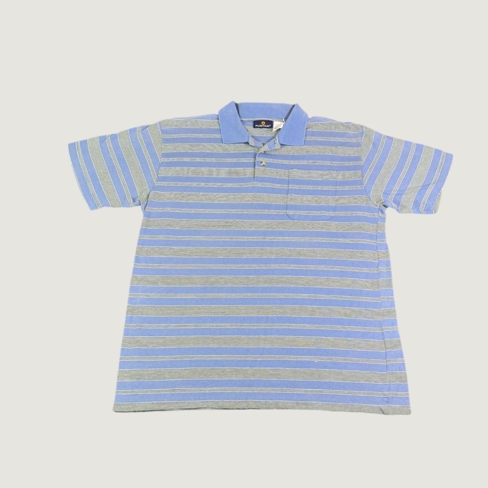 Puritan Mens XL Polo Shirt Blue Green Striped Short Sleeve Chest Pocket Cotton